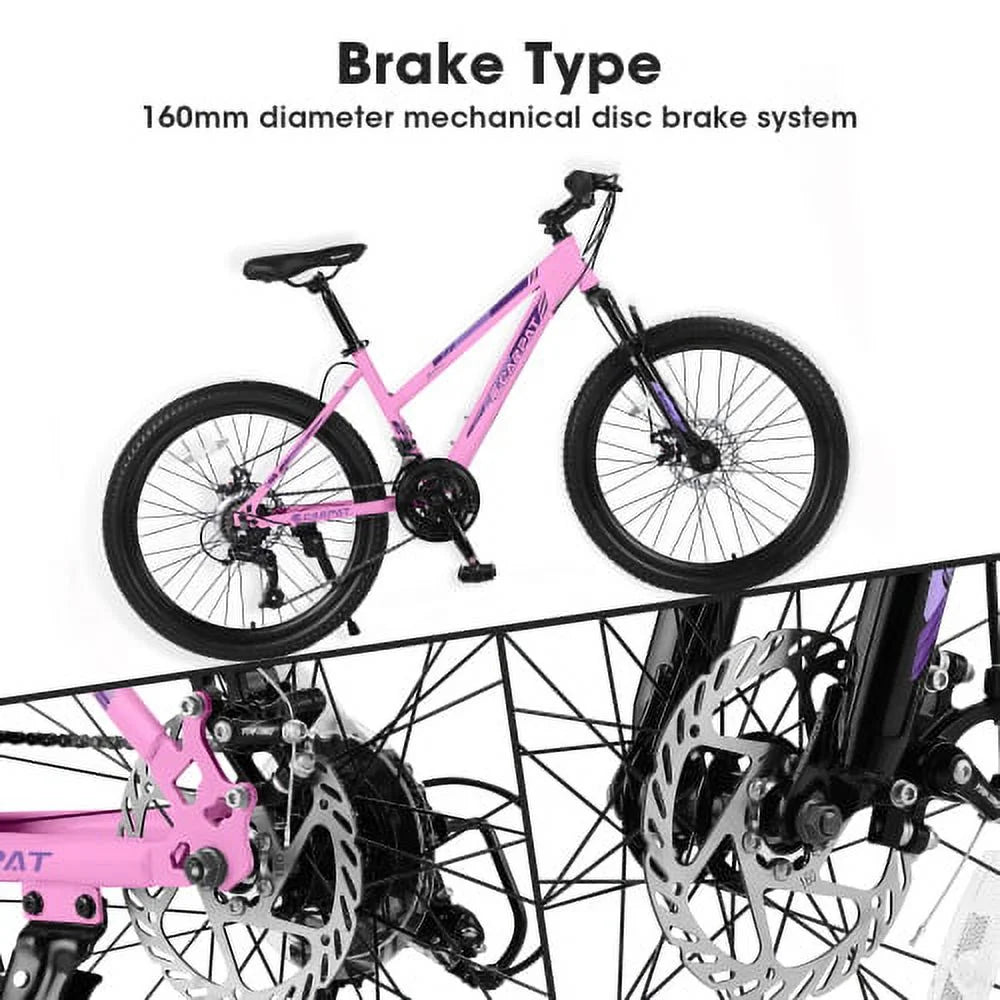 POWANLI 26" Mountain Bike for Women, 21 Speeds Mountain Bicycles with Dual Disc Brakes and 100mm Front Suspension, Pink(Gift)