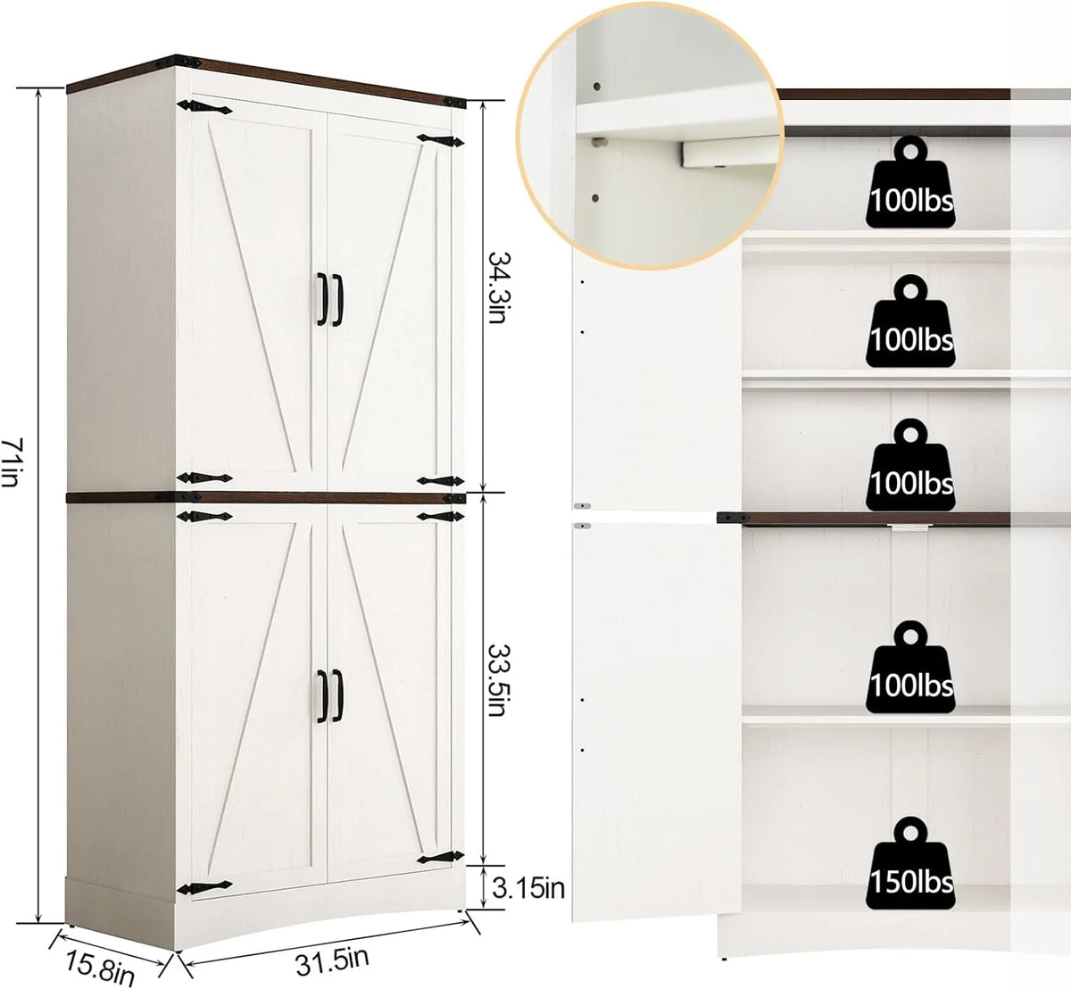 71" Tall Farmhouse Kitchen Pantry Cabinet, 5 Layers Storage Cabinet with Adjustable Shelves - Product image 14