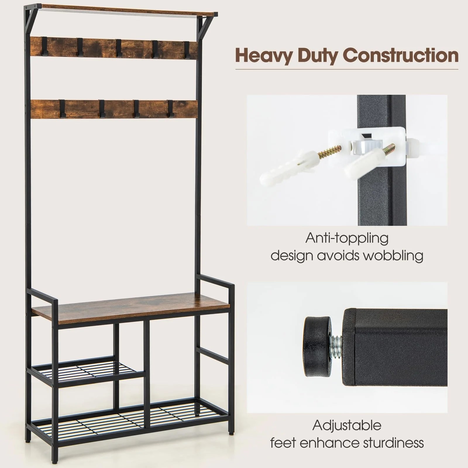 Tangkula Hall Tree with Bench and Shoe Storage, 3-in-1 Industrial Entryway Bench with Coat Rack - Product image 7