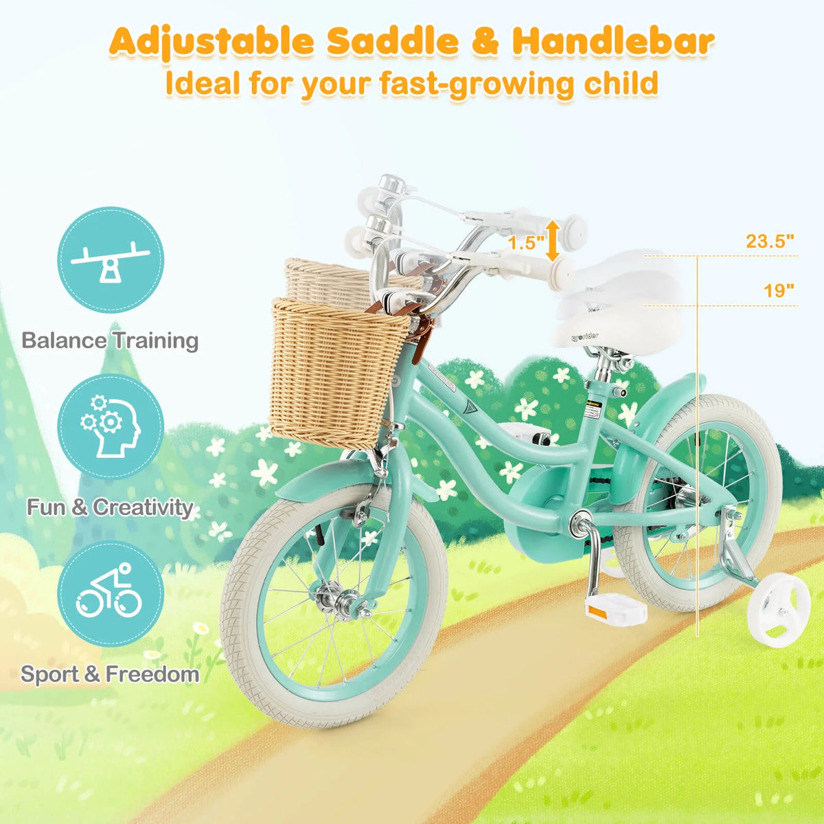 Prorider 16" Kid'S Bike with Training Wheels Adjustable Handlebar Seat Handbrake Pink - Product image 16
