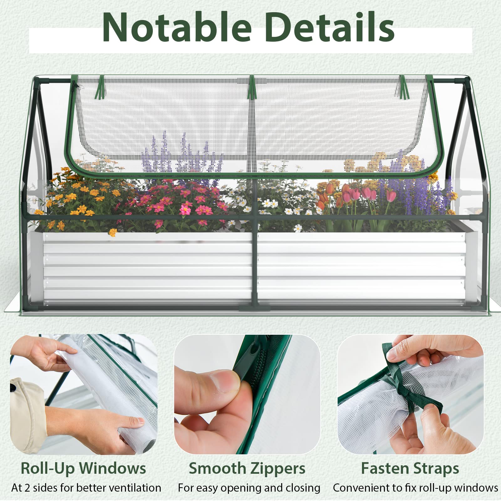 6FT x 3FT x 3FT Galvanized Bottomless Raised Garden Bed with Greenhouse, Dual 2-Tier Roll-Up Windows - Product image 8