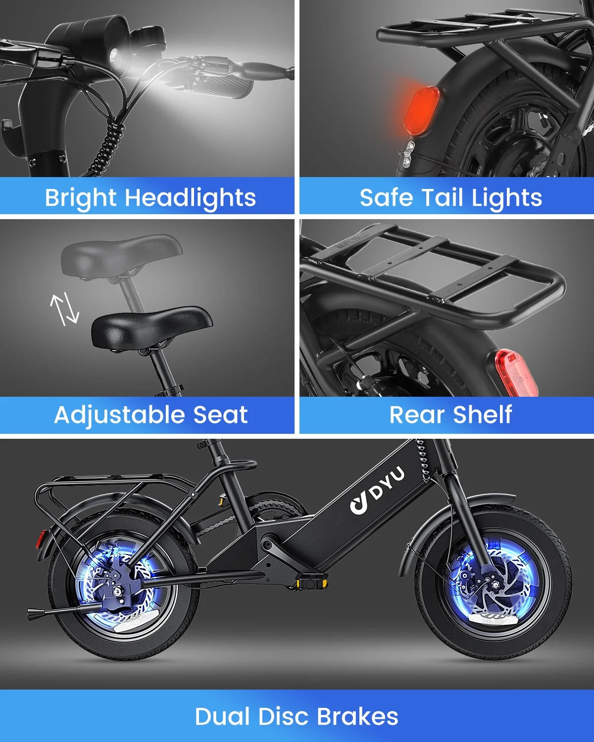 DYU 14" Folding Electric Bike for Adults Teens, 500W Peak Motor 36V/7.8AH Battery, Commuter City Ebike - Product image 4