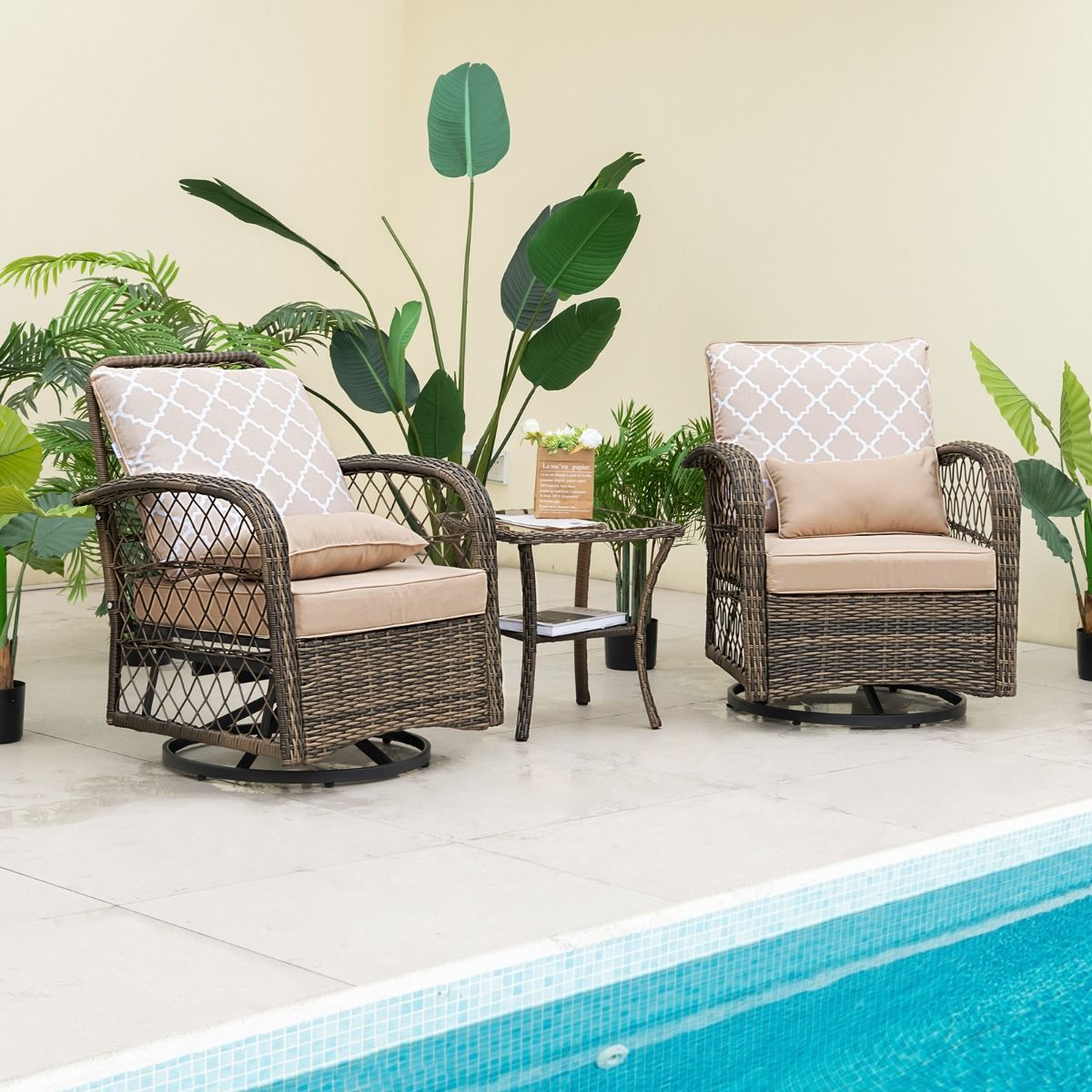 Outdoor Garden Furniture 3PCS - 2 in 360° Swivel Rocking Chairs PE Rattan Metal Frame for Terrace Balcony -