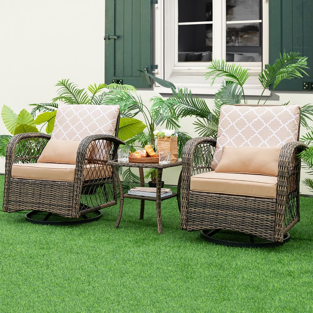 Outdoor Garden Furniture 3PCS - 2 in 360° Swivel Rocking Chairs PE Rattan Metal Frame for Terrace Balcony -