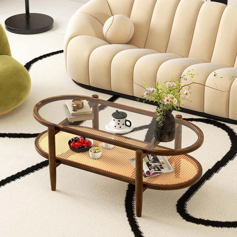 2-Tier Oval Boho Coffee Table with Tempered Glass Top, Rattan Shelf & Acacia Wood Frame - Product image 4