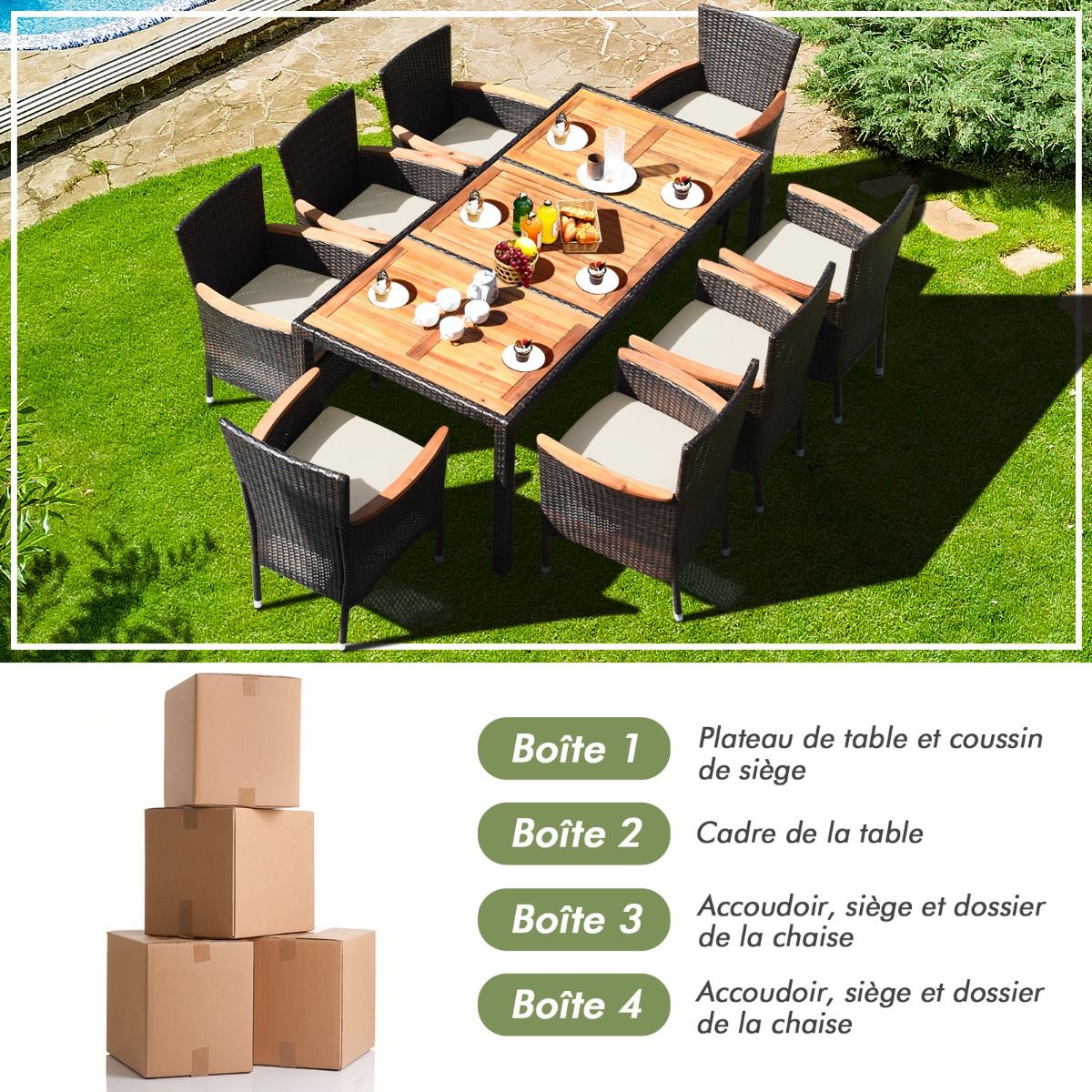 9 Piece Rattan Garden Furniture Set for 8 People Acacia Table Top Dining Room Set with Removable Cushions Load 160KG -