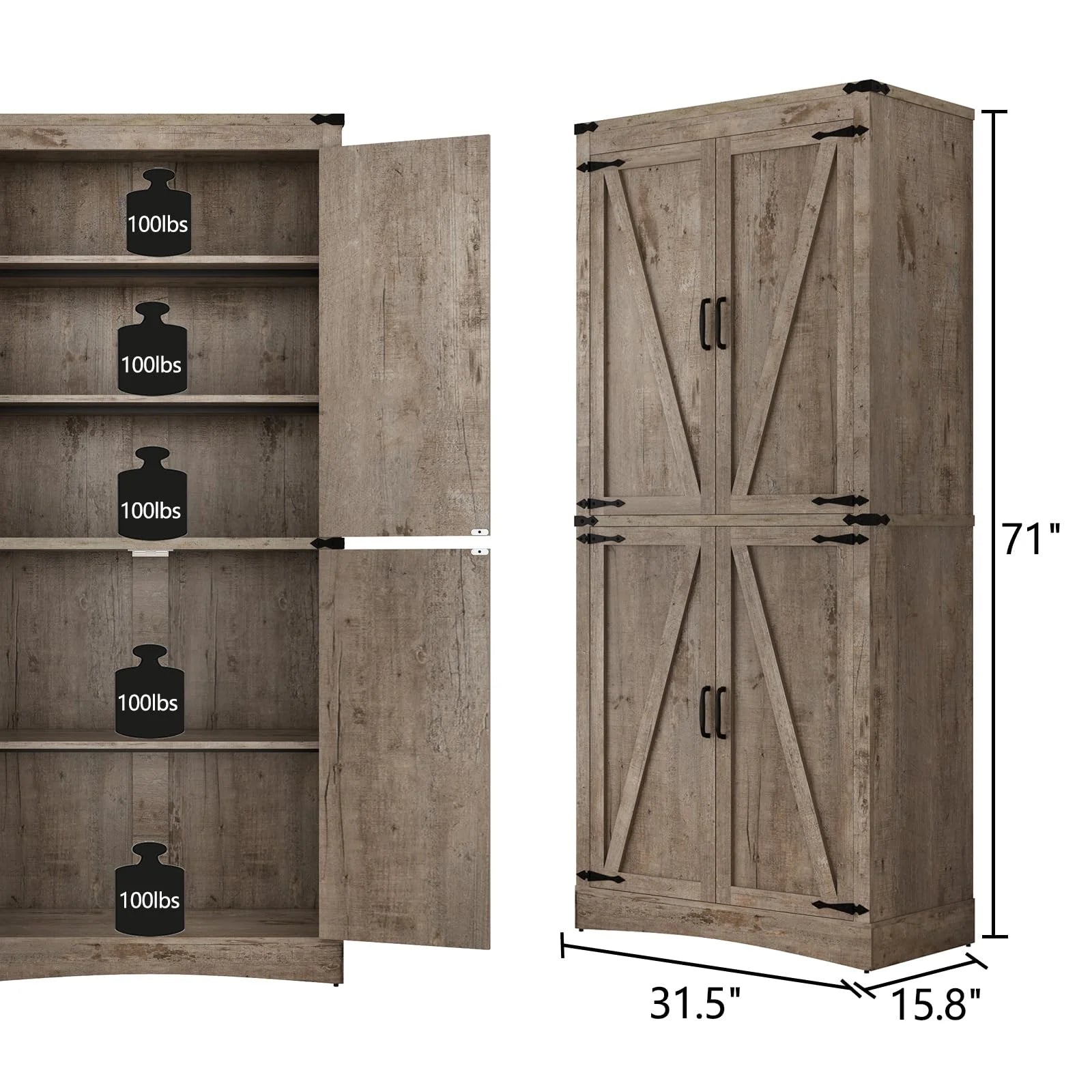 71" Tall Farmhouse Kitchen Pantry Cabinet, 5 Layers Storage Cabinet with Adjustable Shelves - Product image 38