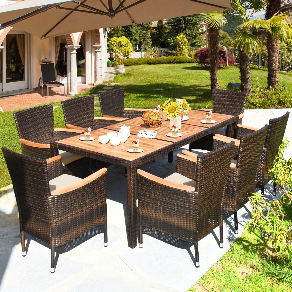 9 Piece Rattan Garden Furniture Set for 8 People Acacia Table Top Dining Room Set with Removable Cushions Load 160KG -