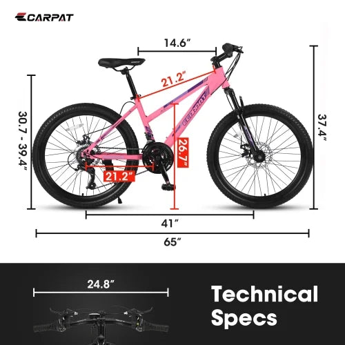 POWANLI 26" Mountain Bike for Women, 21 Speeds Mountain Bicycles with Dual Disc Brakes and 100mm Front Suspension, Pink(Gift)
