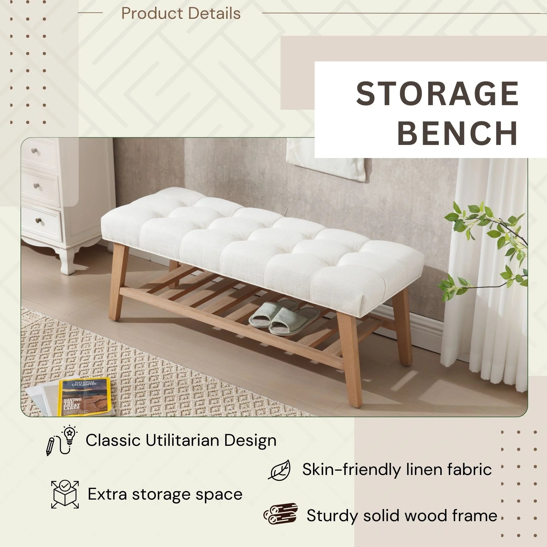 Dayalane Upholstered Storage Bench with Shoe Rack, Linen Fabric Entryway Bench for Living Room - Product image 4