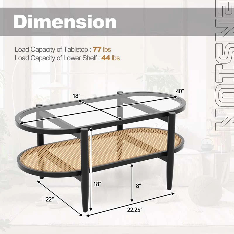 2-Tier Oval Boho Coffee Table with Tempered Glass Top, Rattan Shelf & Acacia Wood Frame - Product image 18
