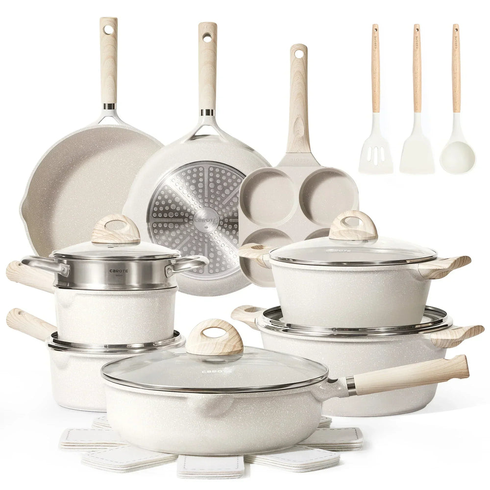 Non Stick Pots and Pans Set. 21 Pcs Induction Kitchen Cookware Sets (Beige Granite)
