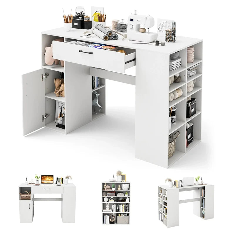 53" Counter Height Sewing Craft Table with 14 Storage Cubes, Large Drawer, Cabinet & Adjustable Shelf - Product image 1