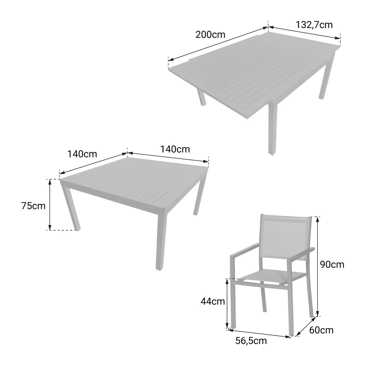 10-seater extendable garden furniture of 140/200cm in gray textilene - anthracite aluminum VENEZIA -