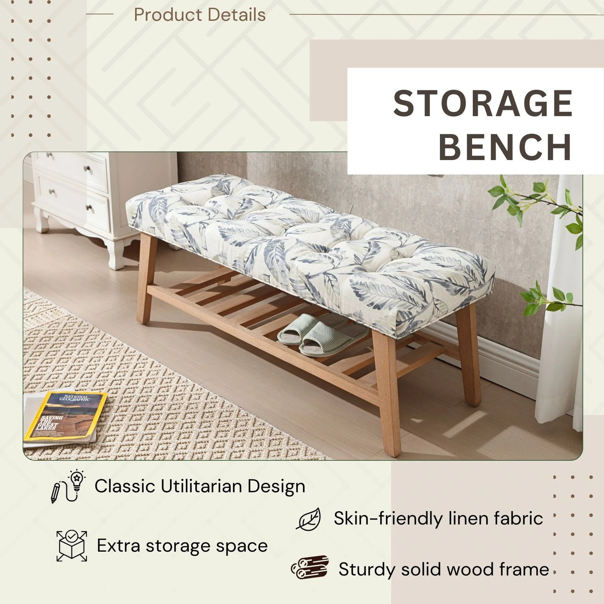 Dayalane Upholstered Storage Bench with Shoe Rack, Linen Fabric Entryway Bench for Living Room - Product image 18
