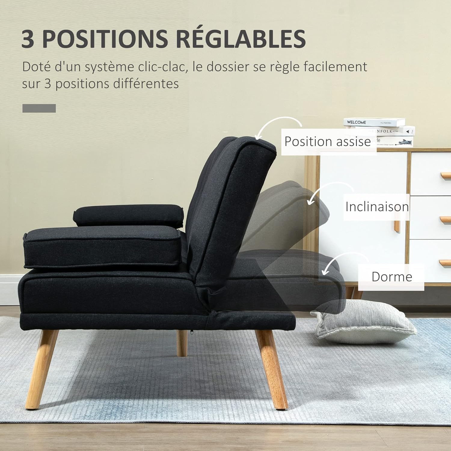 HOMCOM 3-Seater Convertible Sofa Scandinavian Design Tilt Adjustable Backrest 3 Levels Folding Central Backrest 2 Glass Holders Solid Wood Gray Linen
