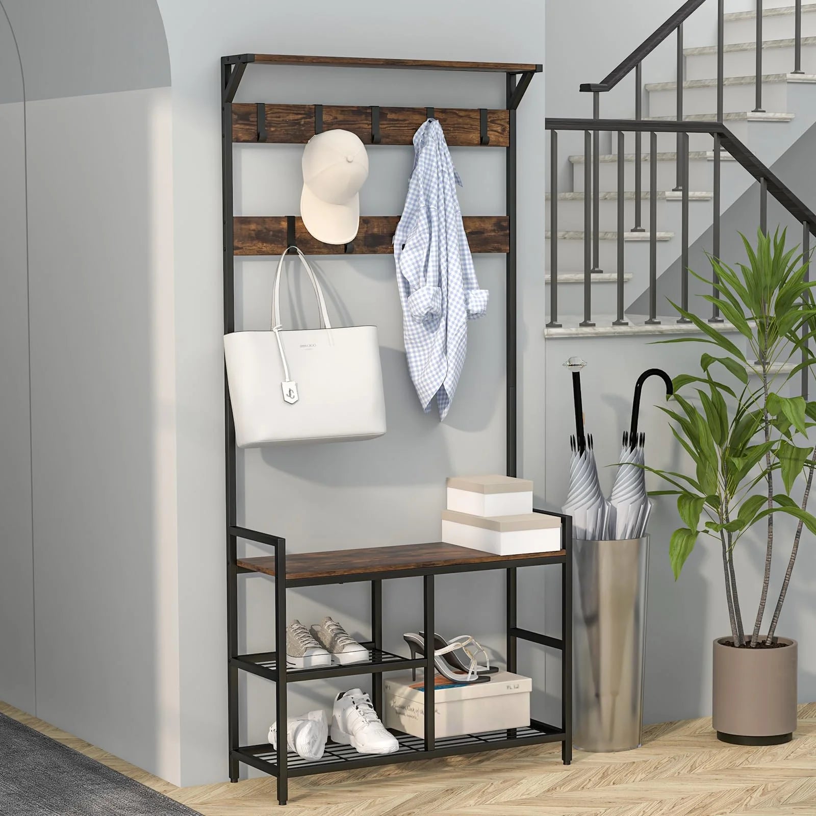 Tangkula Hall Tree with Bench and Shoe Storage, 3-in-1 Industrial Entryway Bench with Coat Rack - Product image 3