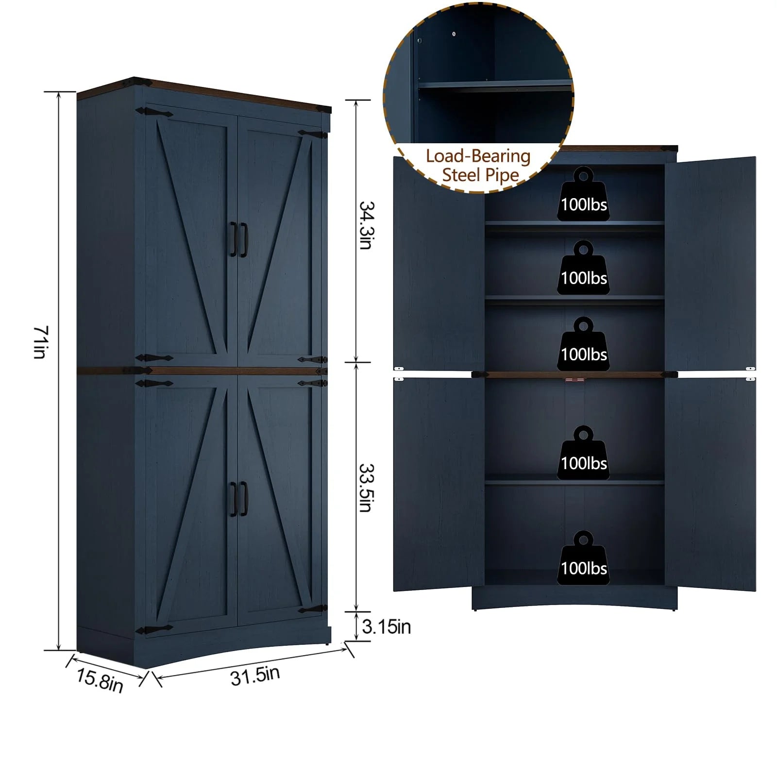 71" Tall Farmhouse Kitchen Pantry Cabinet, 5 Layers Storage Cabinet with Adjustable Shelves - Product image 32