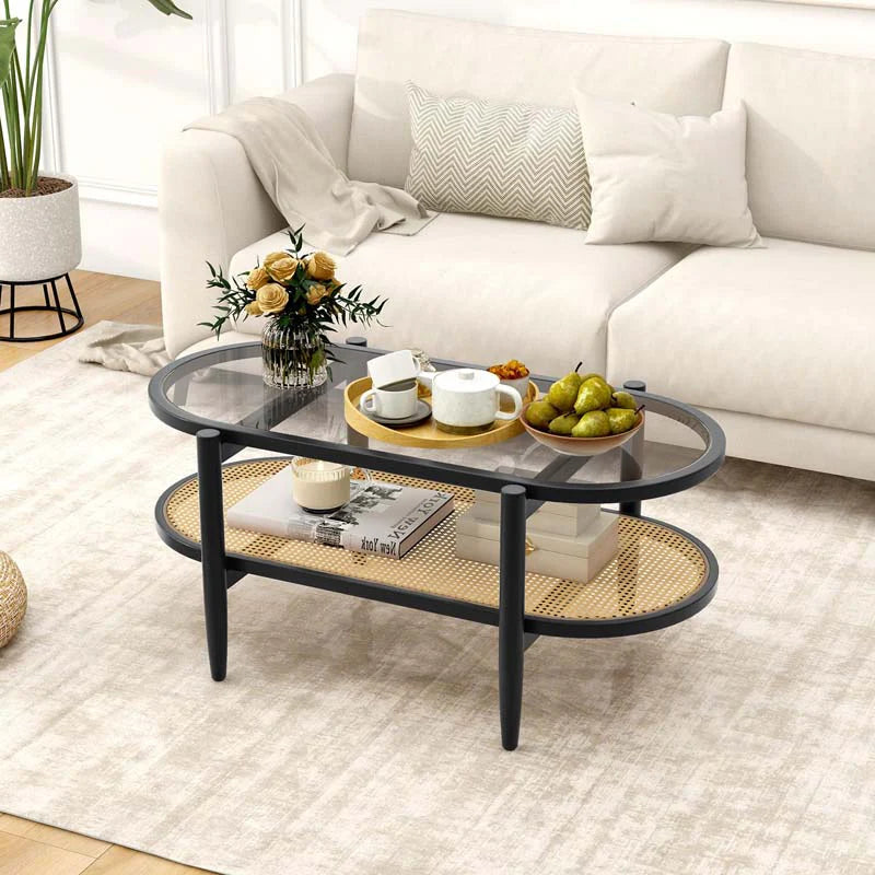 2-Tier Oval Boho Coffee Table with Tempered Glass Top, Rattan Shelf & Acacia Wood Frame - Product image 11