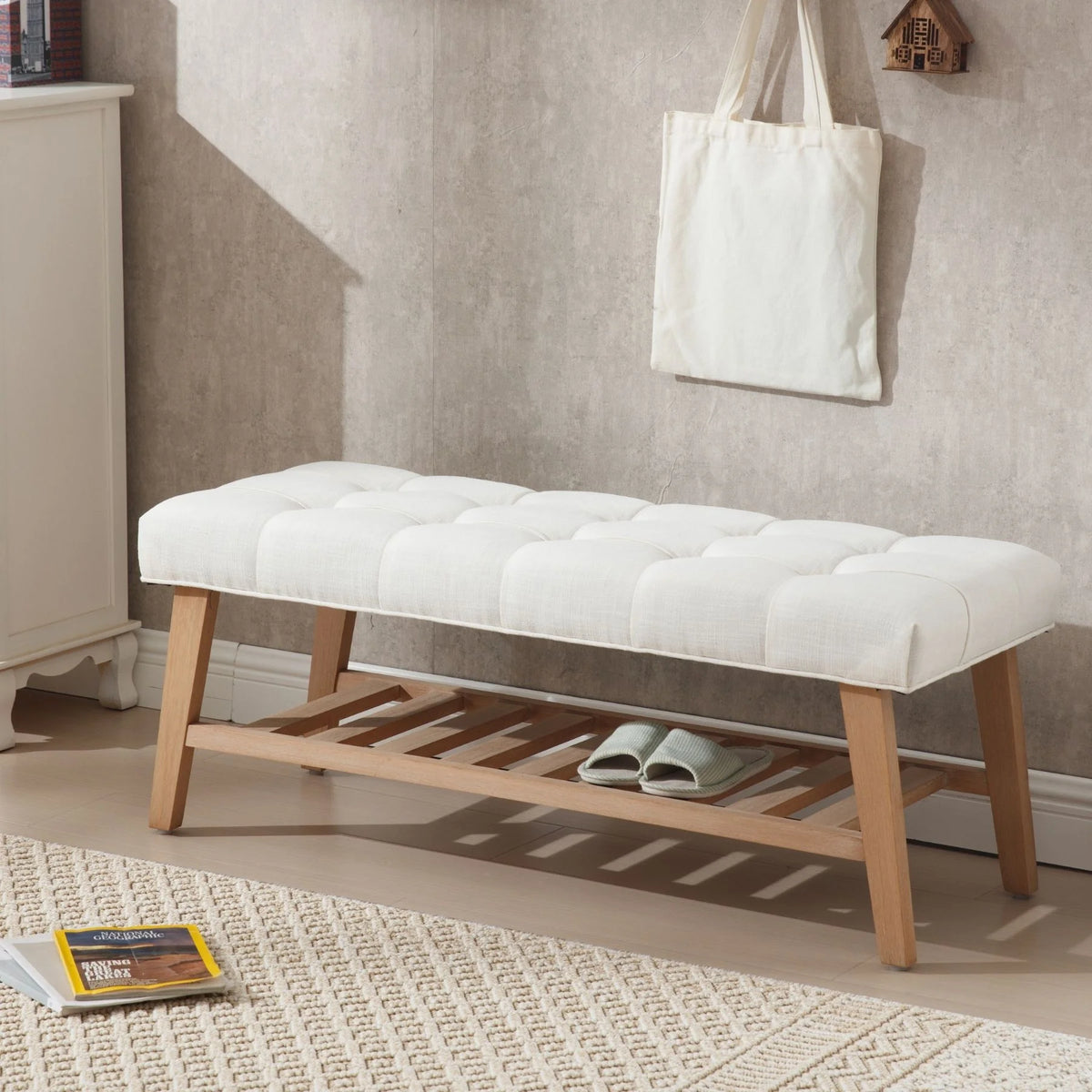 Dayalane Upholstered Storage Bench with Shoe Rack, Linen Fabric Entryway Bench for Living Room - Product image 9