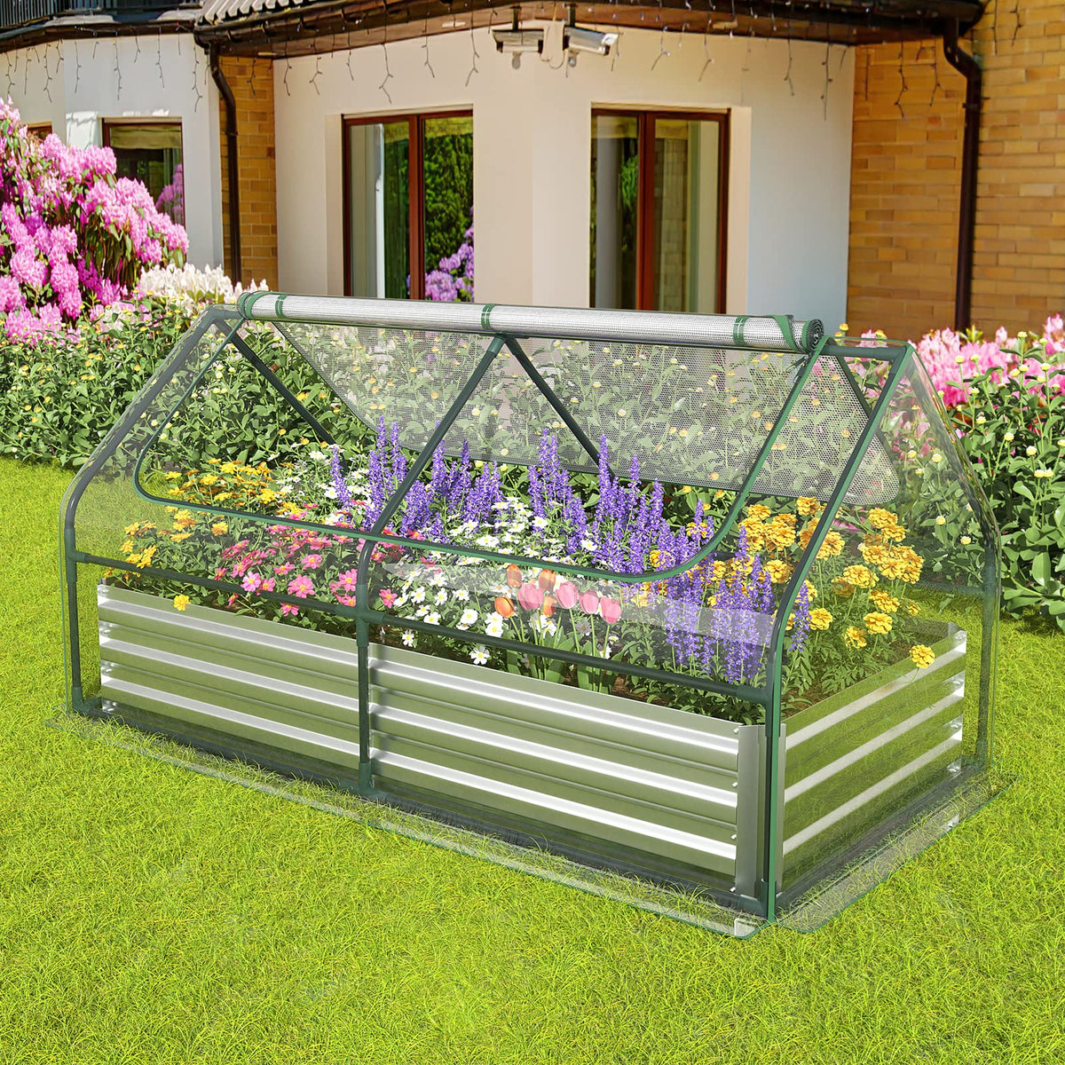 6FT x 3FT x 3FT Galvanized Bottomless Raised Garden Bed with Greenhouse, Dual 2-Tier Roll-Up Windows - Product image 3