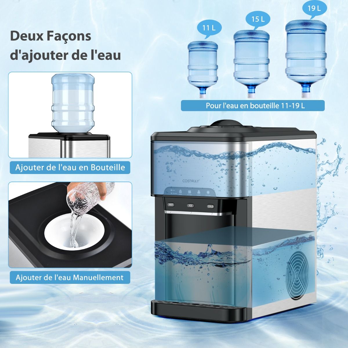 3 in 1 Ice Cube Machine with Cold/Hot Water Dispenser 20 kg in 24 hours Ice Cube 6-13 min for Home Office Bar -