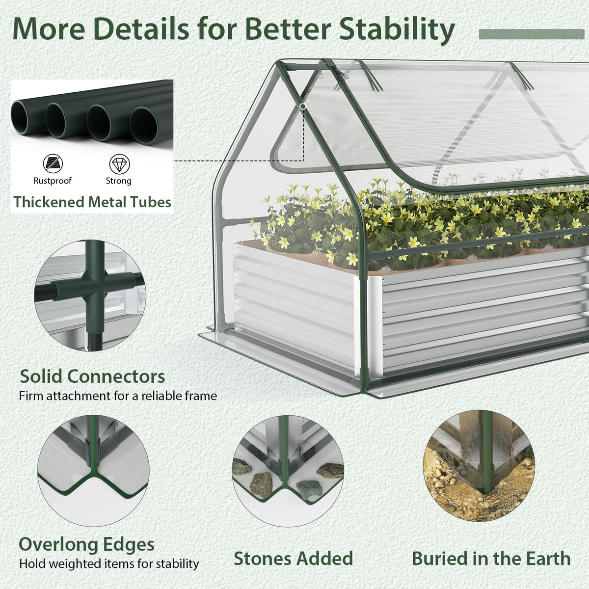 6FT x 3FT x 3FT Galvanized Bottomless Raised Garden Bed with Greenhouse, Dual 2-Tier Roll-Up Windows - Product image 7