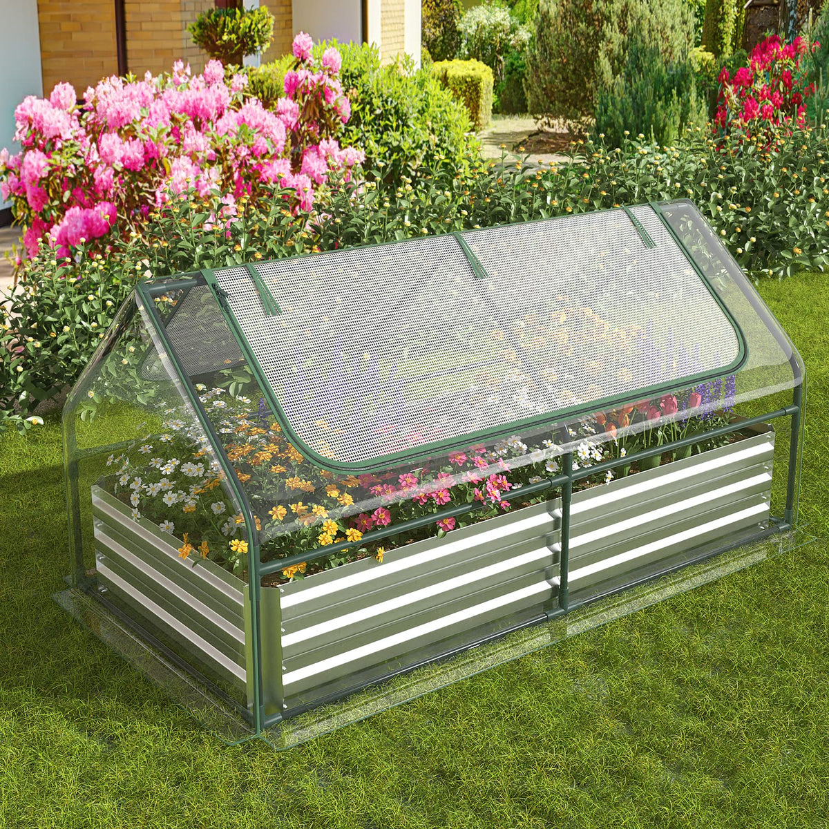 6FT x 3FT x 3FT Galvanized Bottomless Raised Garden Bed with Greenhouse, Dual 2-Tier Roll-Up Windows - Product image 2