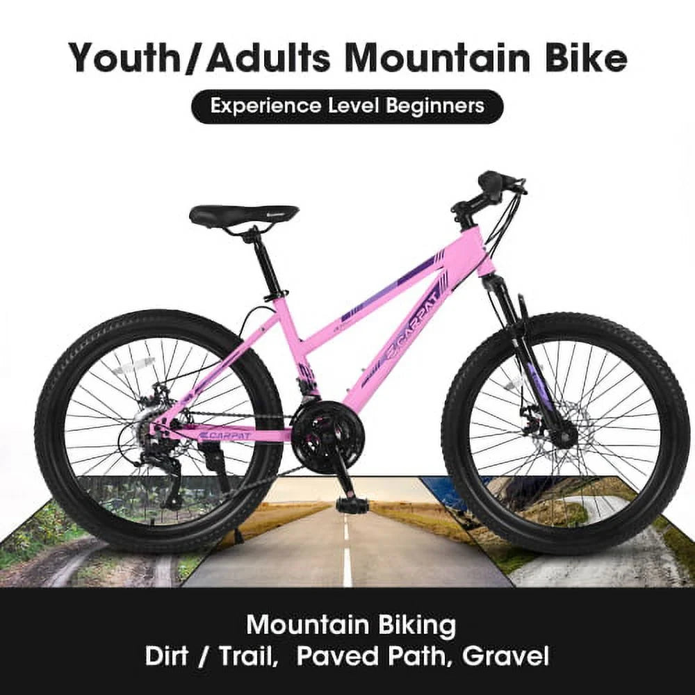 POWANLI 26" Mountain Bike for Women, 21 Speeds Mountain Bicycles with Dual Disc Brakes and 100mm Front Suspension, Pink(Gift)