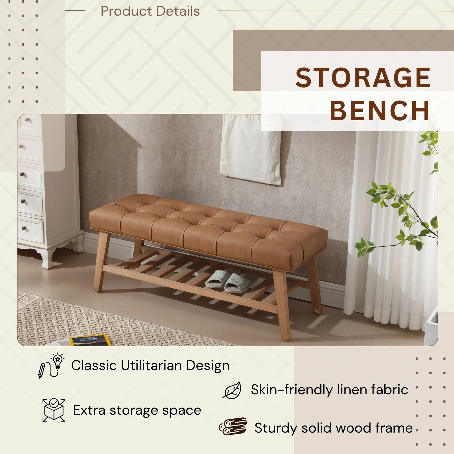 Dayalane Upholstered Storage Bench with Shoe Rack, Linen Fabric Entryway Bench for Living Room - Product image 24