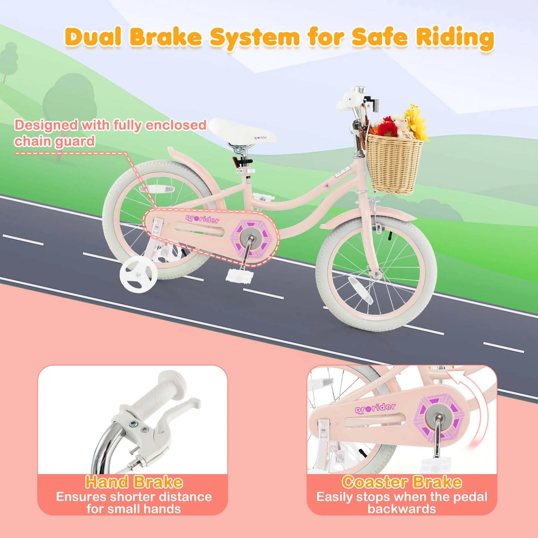 Prorider 16" Kid'S Bike with Training Wheels Adjustable Handlebar Seat Handbrake Pink - Product image 7