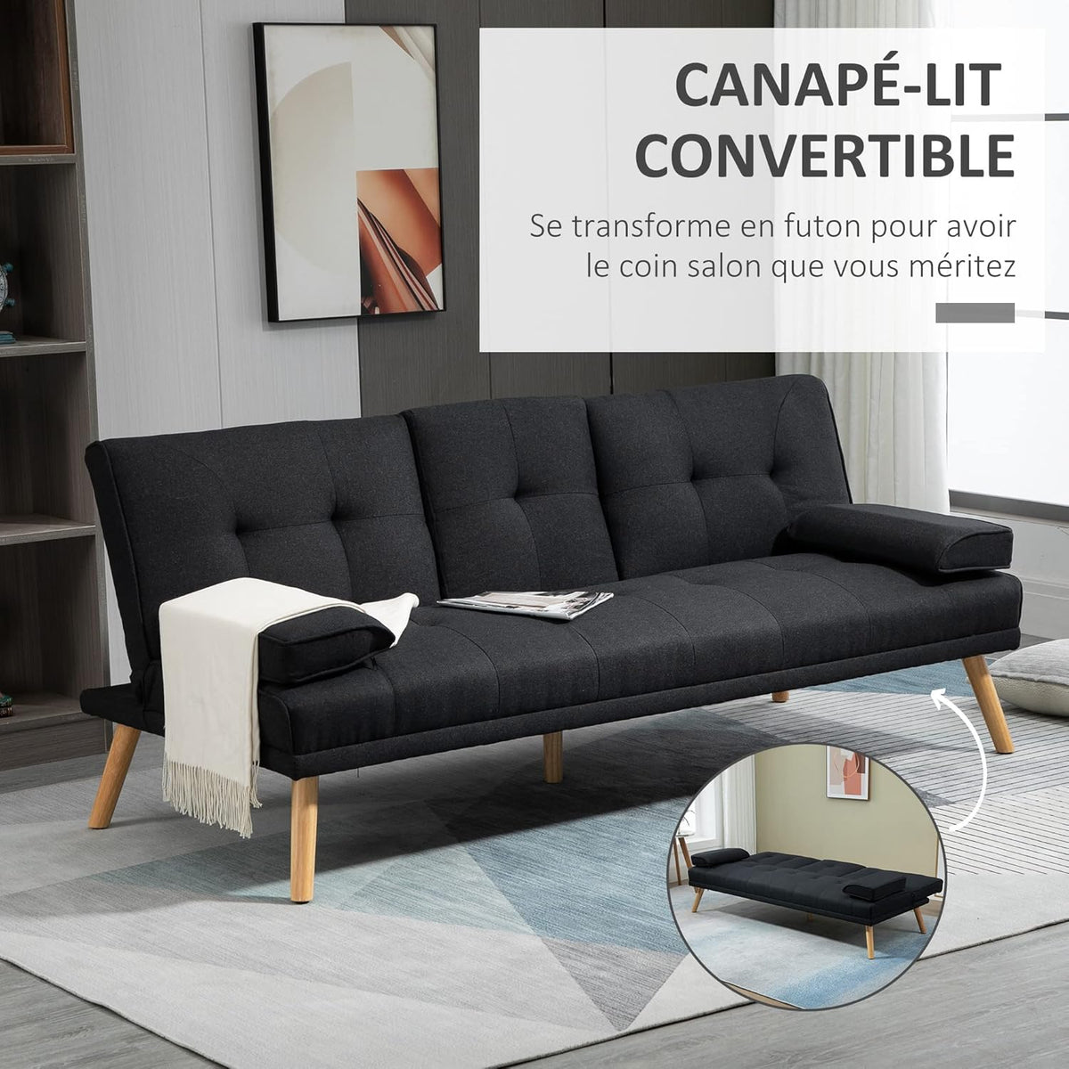 HOMCOM 3-Seater Convertible Sofa Scandinavian Design Tilt Adjustable Backrest 3 Levels Folding Central Backrest 2 Glass Holders Solid Wood Gray Linen