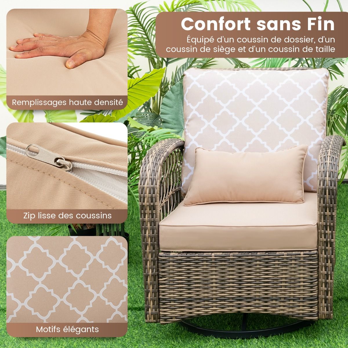 Outdoor Garden Furniture 3PCS - 2 in 360° Swivel Rocking Chairs PE Rattan Metal Frame for Terrace Balcony -