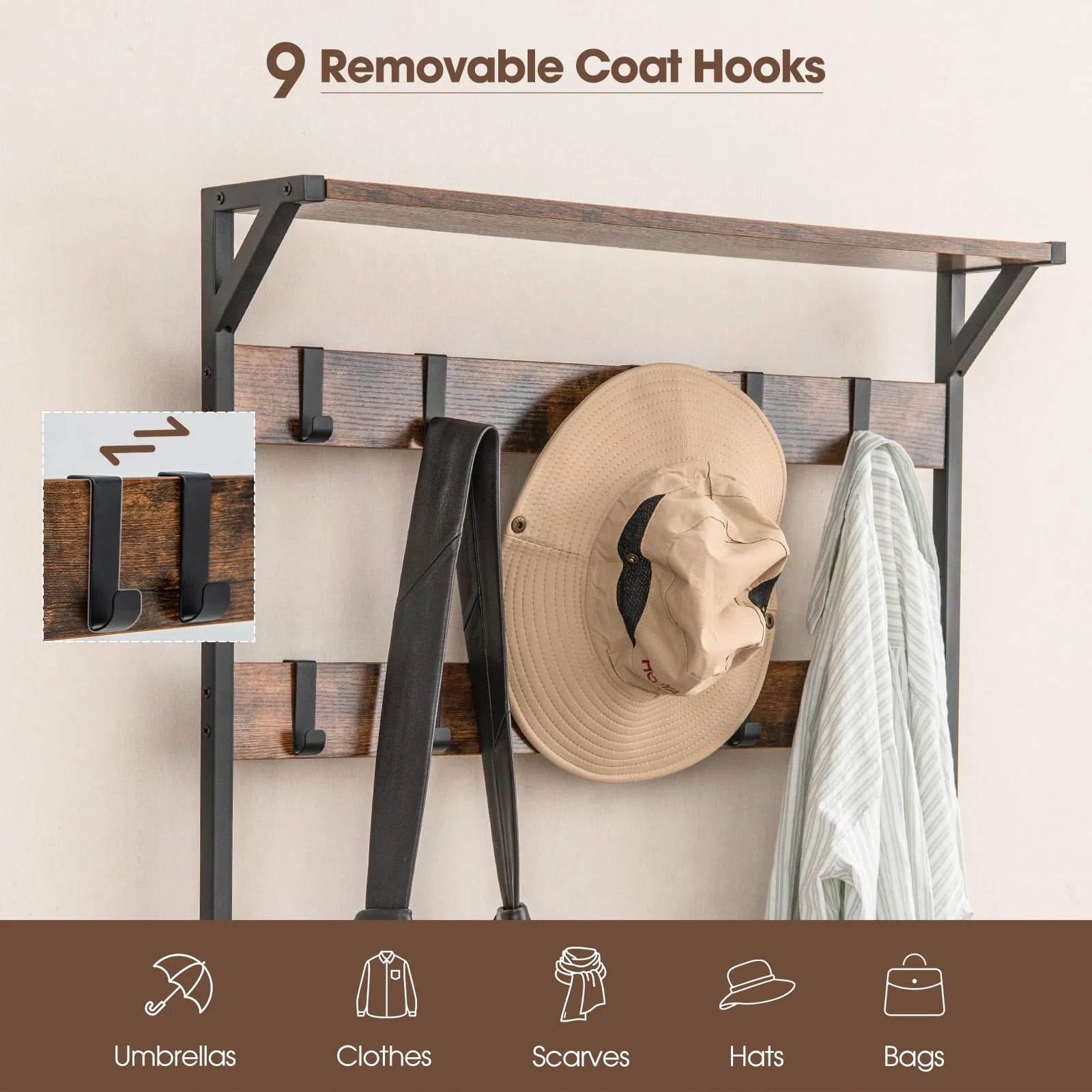 Tangkula Hall Tree with Bench and Shoe Storage, 3-in-1 Industrial Entryway Bench with Coat Rack - Product image 6
