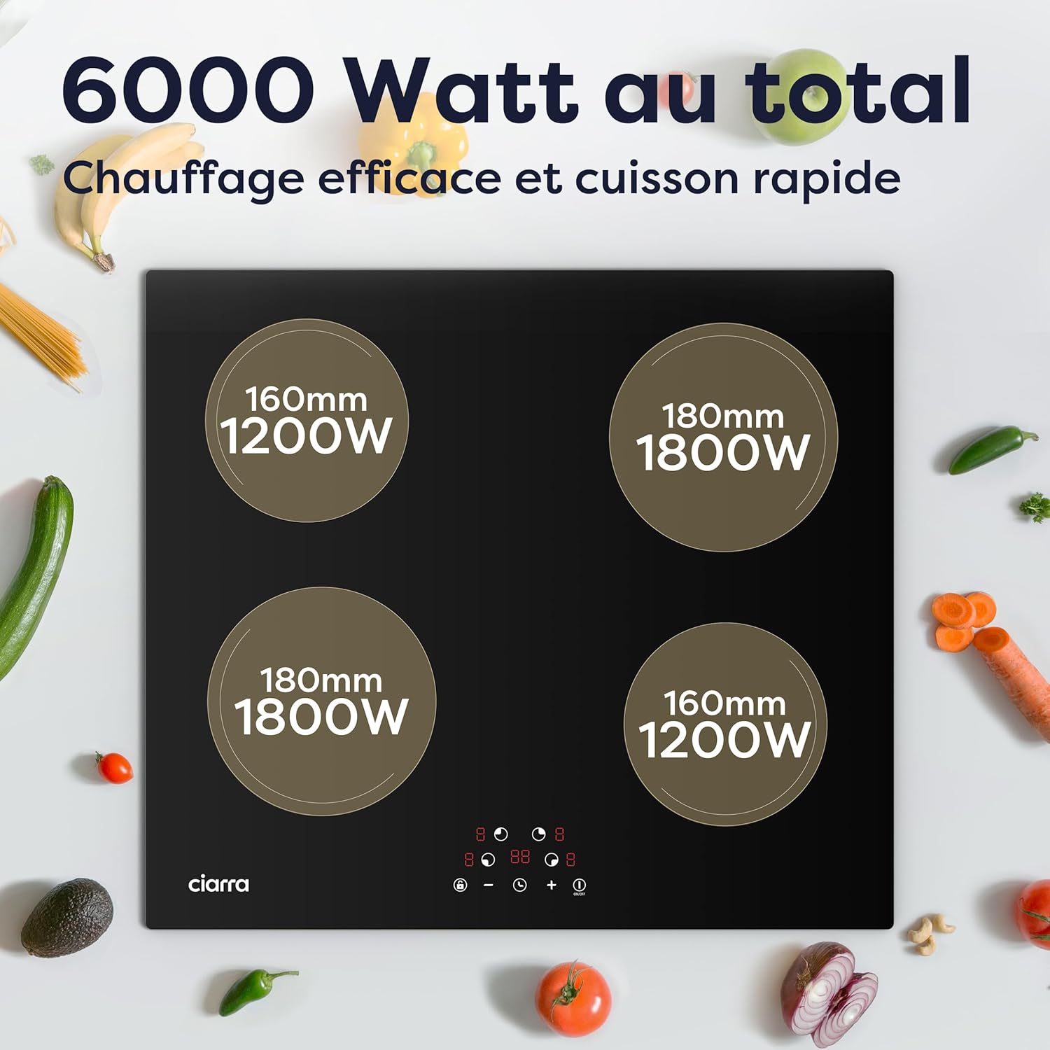 Ciarra Induction Hob - 4 Burners - 6000W - Built-in Hob - Touch Control - 9 Levels - CABBIH4-E
