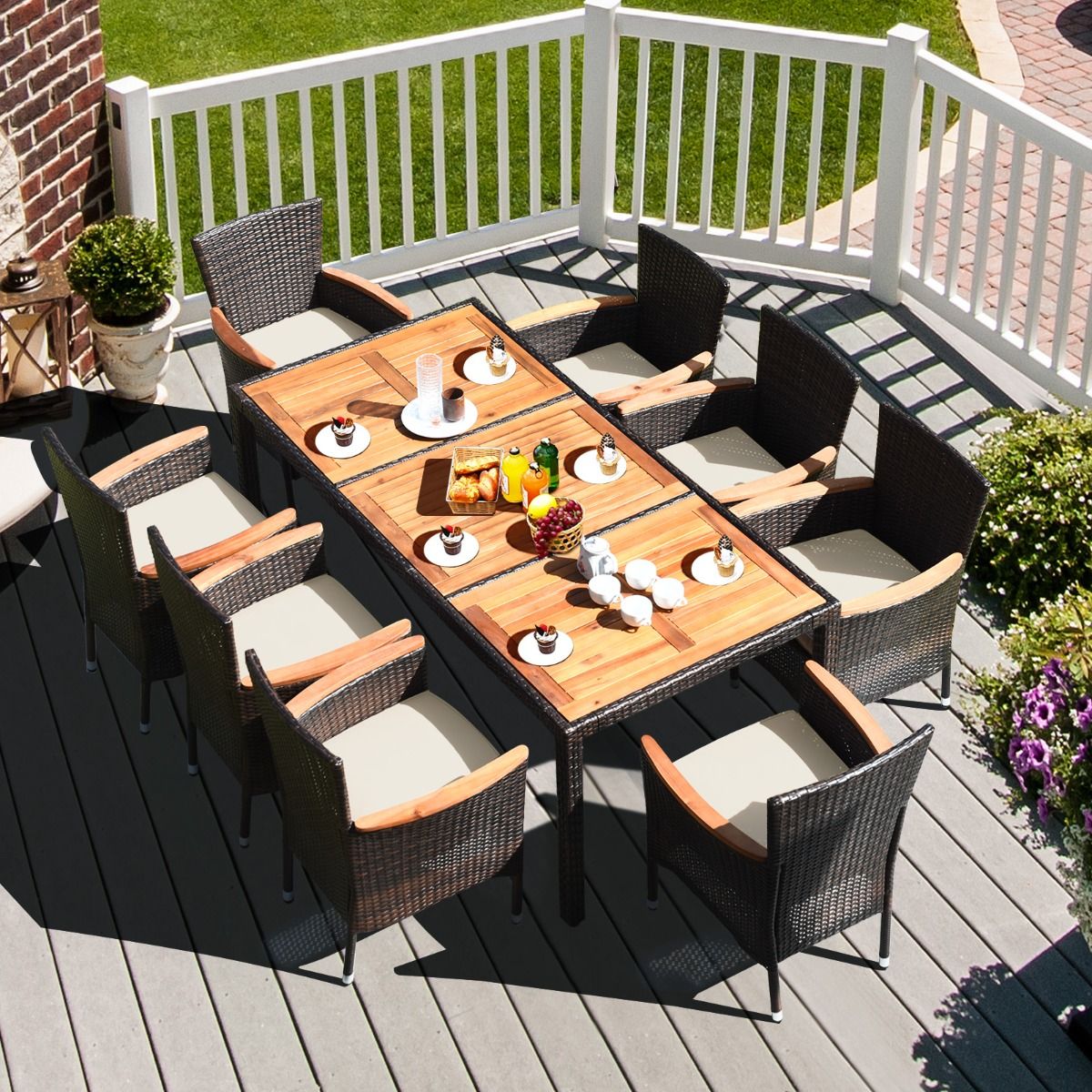 9 Piece Rattan Garden Furniture Set for 8 People Acacia Table Top Dining Room Set with Removable Cushions Load 160KG -