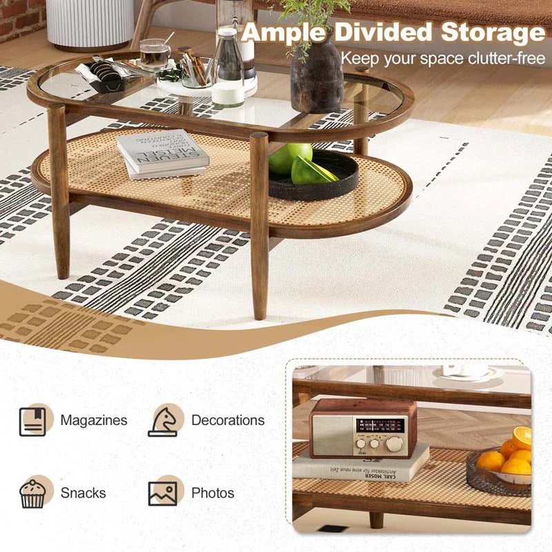 2-Tier Oval Boho Coffee Table with Tempered Glass Top, Rattan Shelf & Acacia Wood Frame - Product image 6