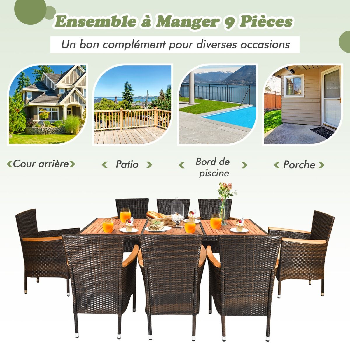 9 Piece Rattan Garden Furniture Set for 8 People Acacia Table Top Dining Room Set with Removable Cushions Load 160KG -