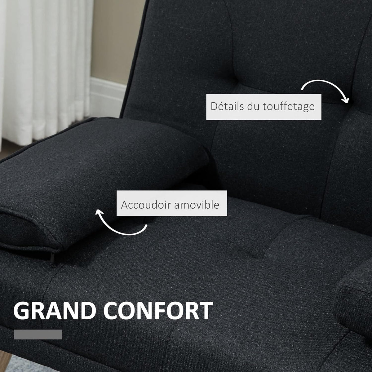 HOMCOM 3-Seater Convertible Sofa Scandinavian Design Tilt Adjustable Backrest 3 Levels Folding Central Backrest 2 Glass Holders Solid Wood Gray Linen