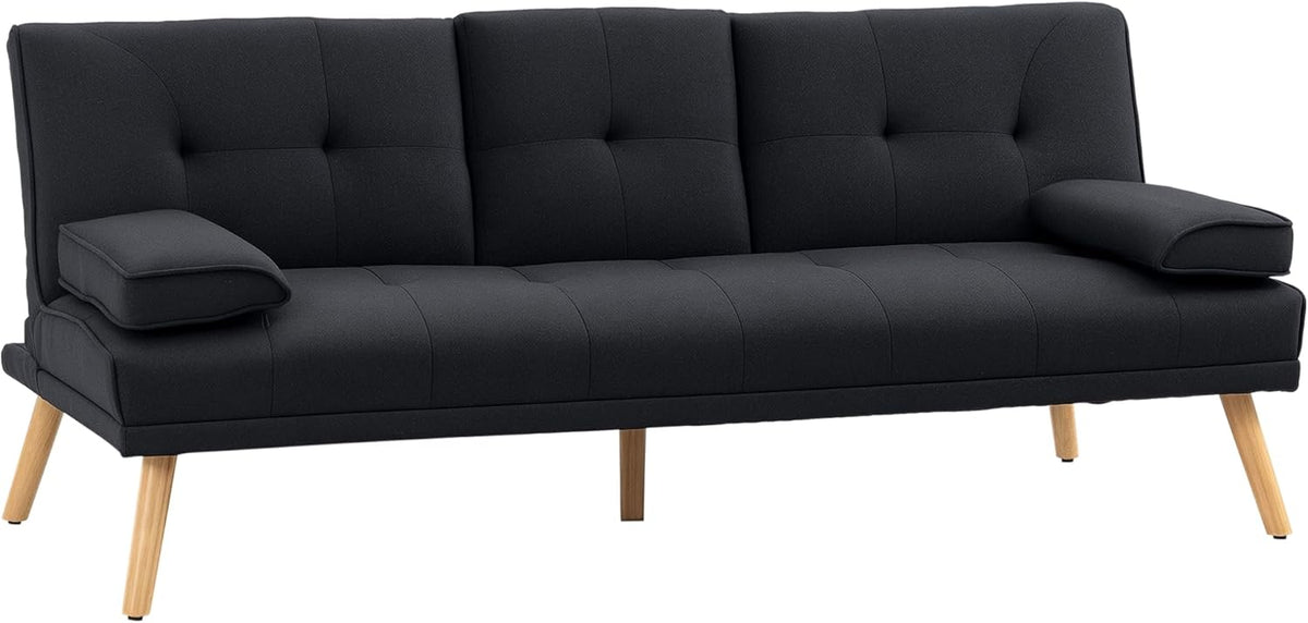 HOMCOM 3-Seater Convertible Sofa Scandinavian Design Tilt Adjustable Backrest 3 Levels Folding Central Backrest 2 Glass Holders Solid Wood Gray Linen