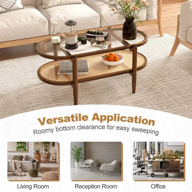 2-Tier Oval Boho Coffee Table with Tempered Glass Top, Rattan Shelf & Acacia Wood Frame - Product image 8
