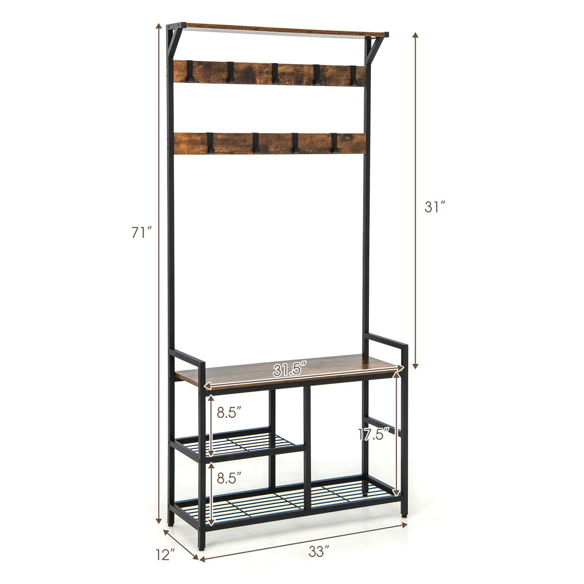 Tangkula Hall Tree with Bench and Shoe Storage, 3-in-1 Industrial Entryway Bench with Coat Rack - Product image 4