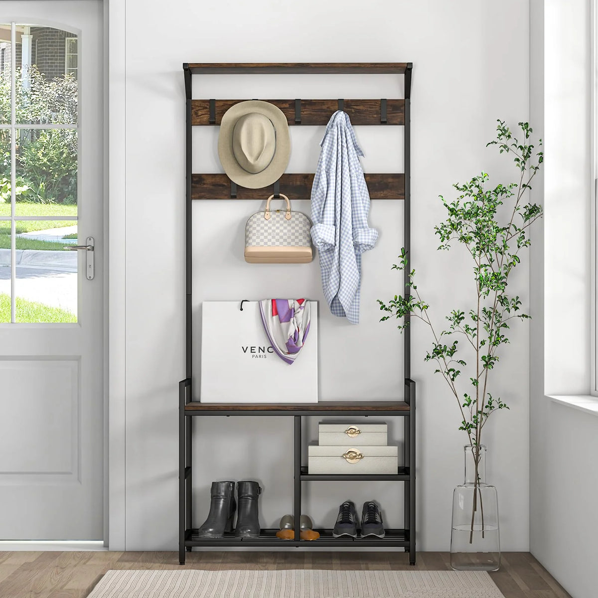 Tangkula Hall Tree with Bench and Shoe Storage, 3-in-1 Industrial Entryway Bench with Coat Rack - Product image 2