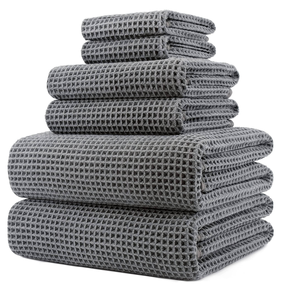 POLYTE Oversize 60 x 30 in Quick Dry Lint Free Microfiber Bath Towel Set 6 Piece (Gray Waffle Weave)