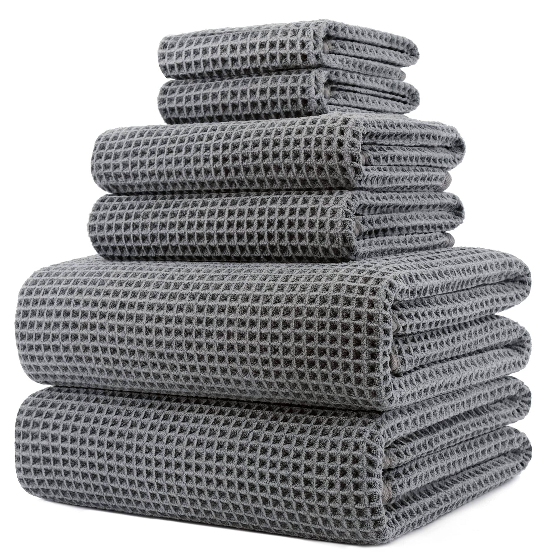 POLYTE Oversize 60 x 30 in Quick Dry Lint Free Microfiber Bath Towel Set 6 Piece (Gray Waffle Weave) - Product image 1