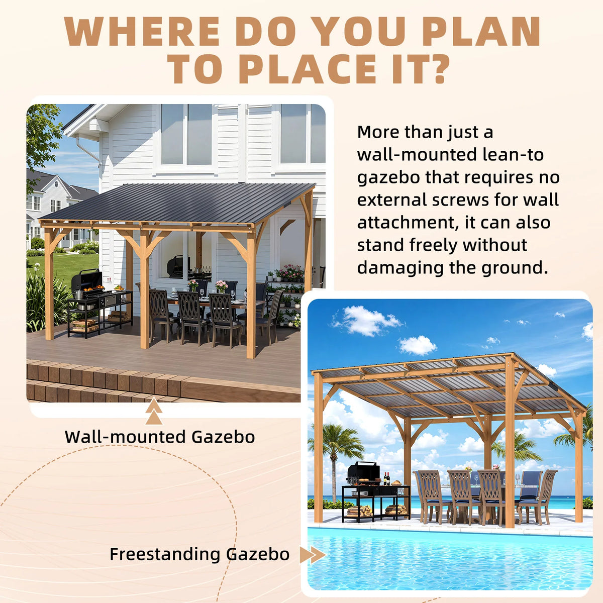 AECOJOY 12' x 10' Outdoor Wooden Gazebo, Patio Lean to Hardtop Pergolas and Gazebos