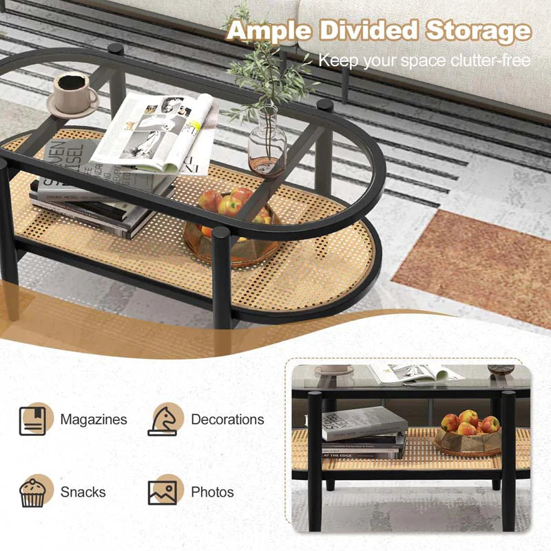 2-Tier Oval Boho Coffee Table with Tempered Glass Top, Rattan Shelf & Acacia Wood Frame - Product image 14