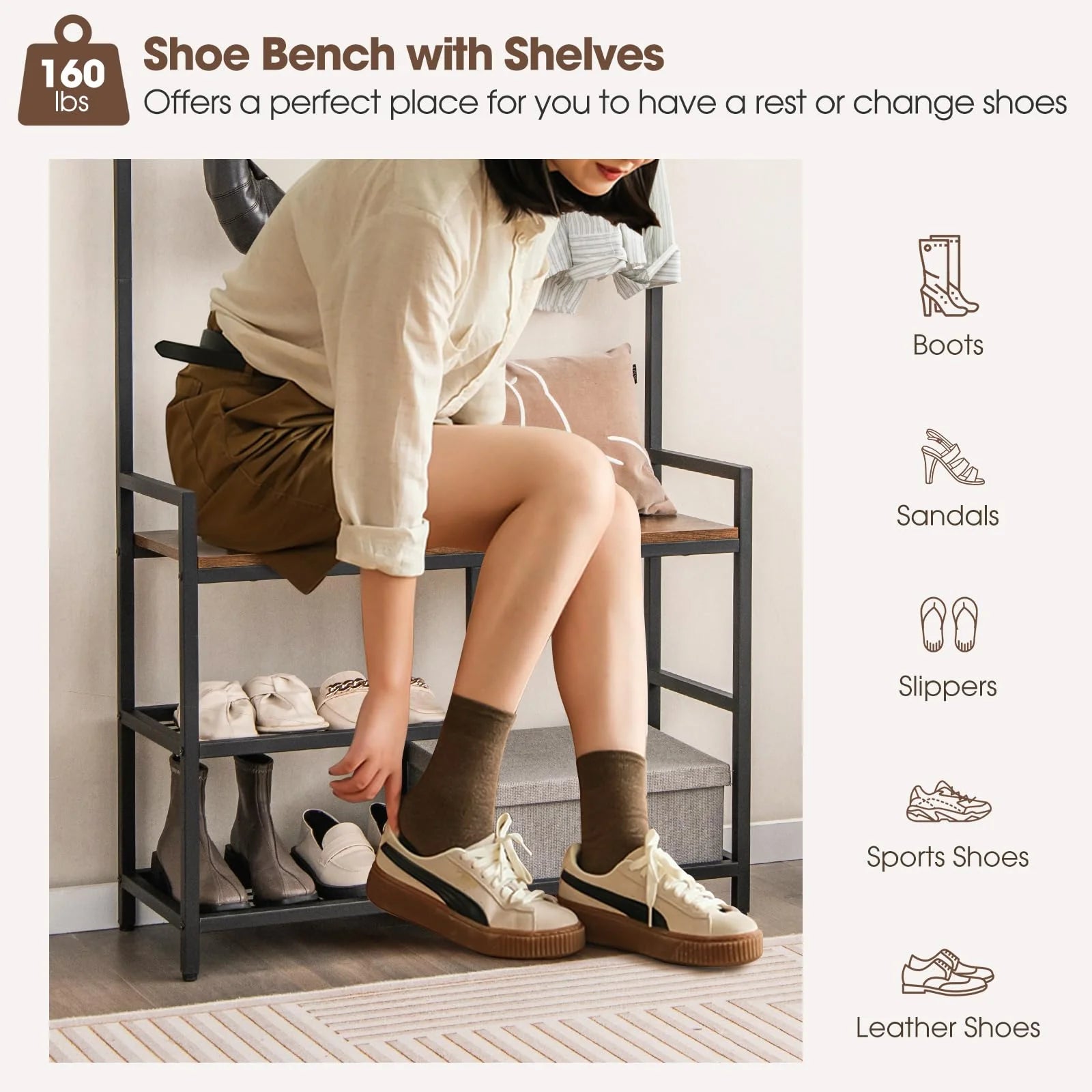 Tangkula Hall Tree with Bench and Shoe Storage, 3-in-1 Industrial Entryway Bench with Coat Rack - Product image 9