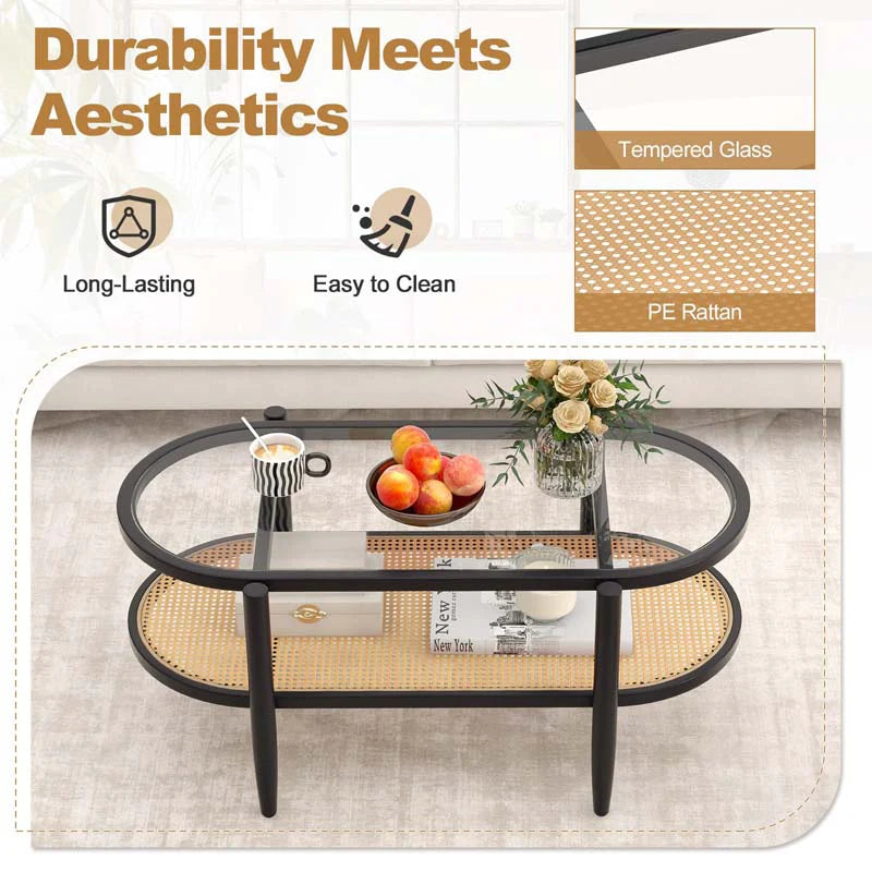 2-Tier Oval Boho Coffee Table with Tempered Glass Top, Rattan Shelf & Acacia Wood Frame - Product image 16