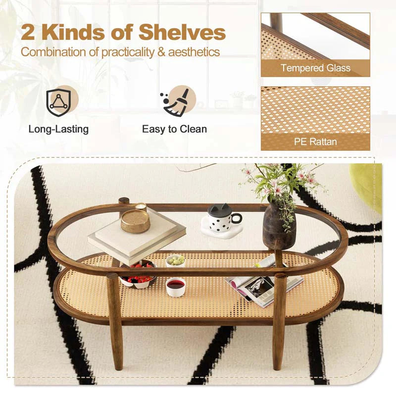 2-Tier Oval Boho Coffee Table with Tempered Glass Top, Rattan Shelf & Acacia Wood Frame - Product image 7